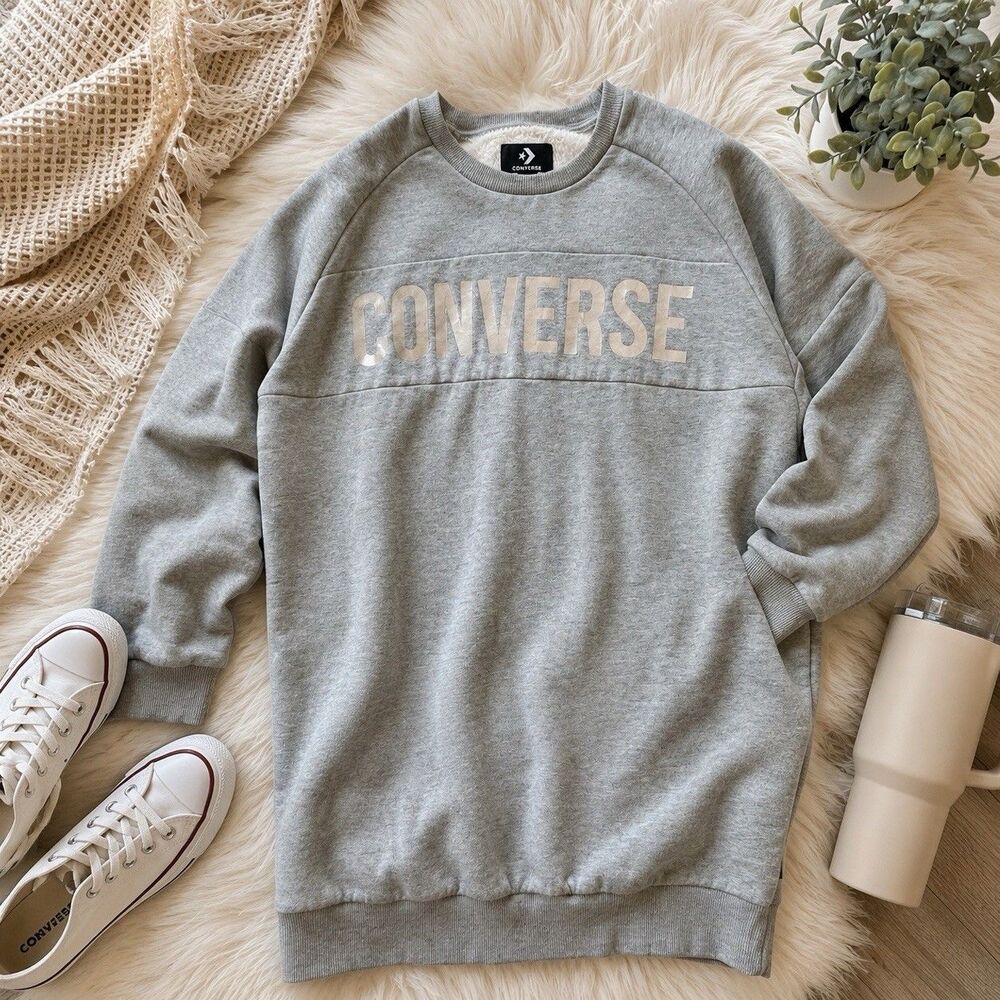 Converse Gray Sherpa Lined Sweatshirt Dress XS Logo Pockets Pullover Athleisure